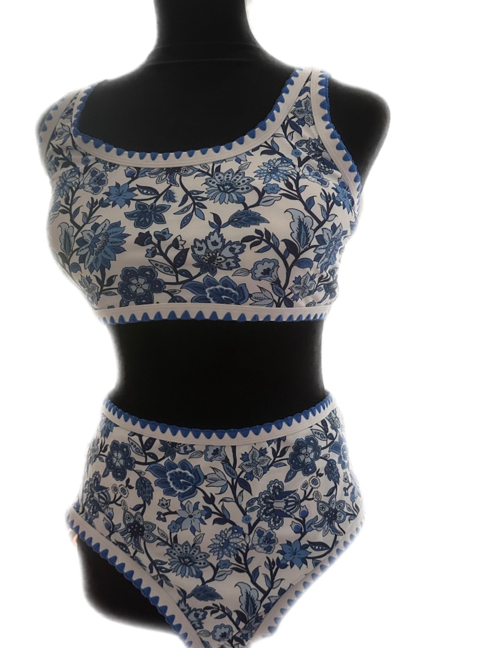 Blue Floral High-Waist Bikini Set - White & Blue